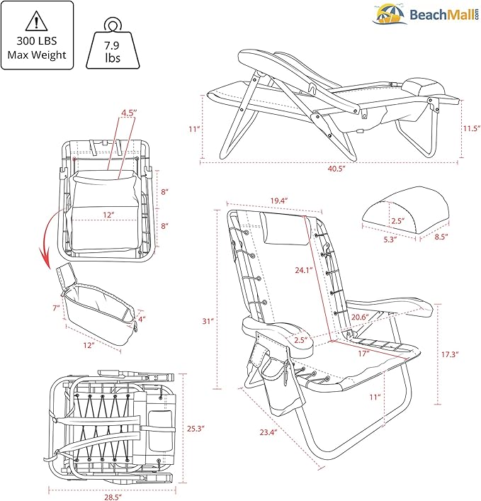 Ultimate Heavy Duty Aluminum Folding Backpack Beach Chair for Adults | Lay Flat 5 Reclining Positions | Removable Insulated Cooler Pouch | 300 lbs Weight Capacity