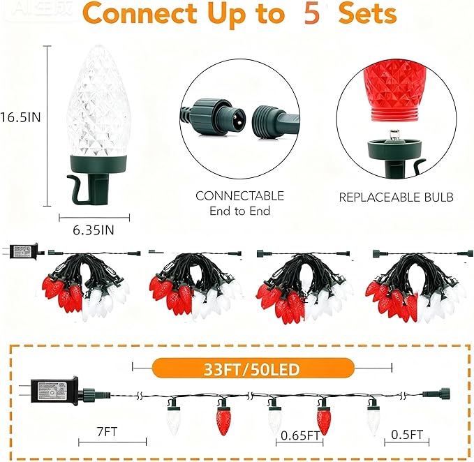 C9 LED Christmas Lights Outdoor33 Feet 50 LED 8 Lighting Modes Waterproof Connectable Christmas String Lights for Outside Roofline Patio Home Xmas Decorations (Red &amp White)