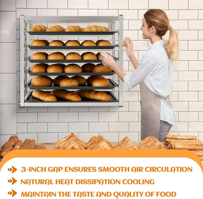 Zonon 6 Tier Wall Mounted Sheet Bun Pan Rack 28 x 18 x 21 Aluminum Baking Tray Racks Holds 6 Full-size Sheet Pans for Bakeries Restaurants Catering Kitchens