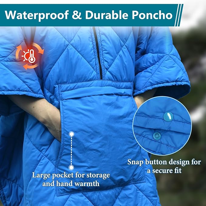 Camping Outdoor Blanket Ultralight Down Alternative Printed Travel Camp Blankets for Sleeping Packable Waterproof Puffy Quilt for Hammock Picnic Stadium Beach Cold Weather (Blue Blanket Poncho)