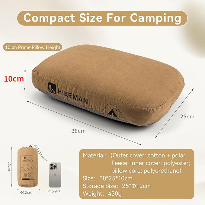 HIKEMAN Camping Memory Foam Pillow - Ultralight Travel PillowBackpacking Pillow with Removable CoverErgonomic PillowsNeck Lumbar Support for Outdoor CampSportHikingBackpacking Sleep (Brown)