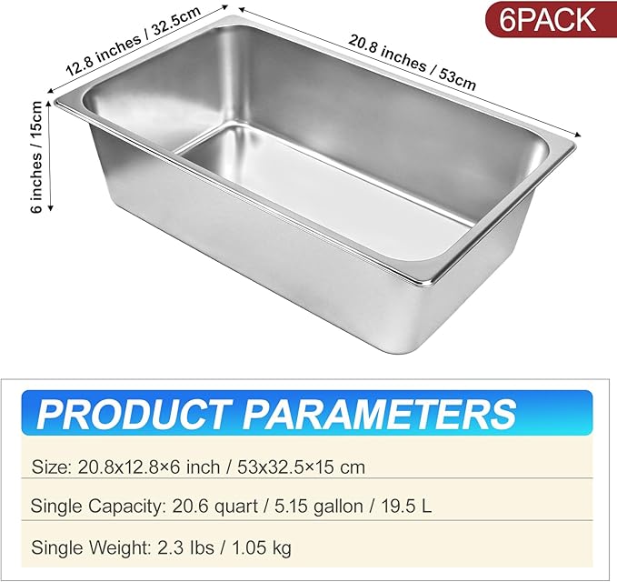 6 Pack Full Size Steam Table PansStainless Steel Hotel Pan1/1 6 Inch Deep Anti Jam Commercial Table Pan20.8 L x 13 W Catering Pans Food Pans for Hotels Restaurants and Home Use