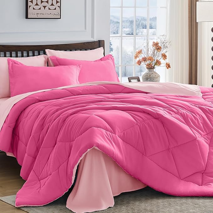 HEVUMYI Hot Pink &amp Baby Pink Twin Comforter Set - 5-Piece All Season Bed in a Bag Twin Ultra Soft Bedding Set with Comforter Flat Sheet Fitted Sheet Pillowcases Pillow Shams