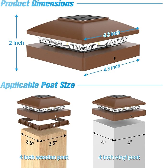 VOLISUN 4x4 Solar Post Cap Light 8packSolar Fence - Post Lights Brown Outdoor Waterproof for Wooden/Vinyl Post with Warm White for Deck