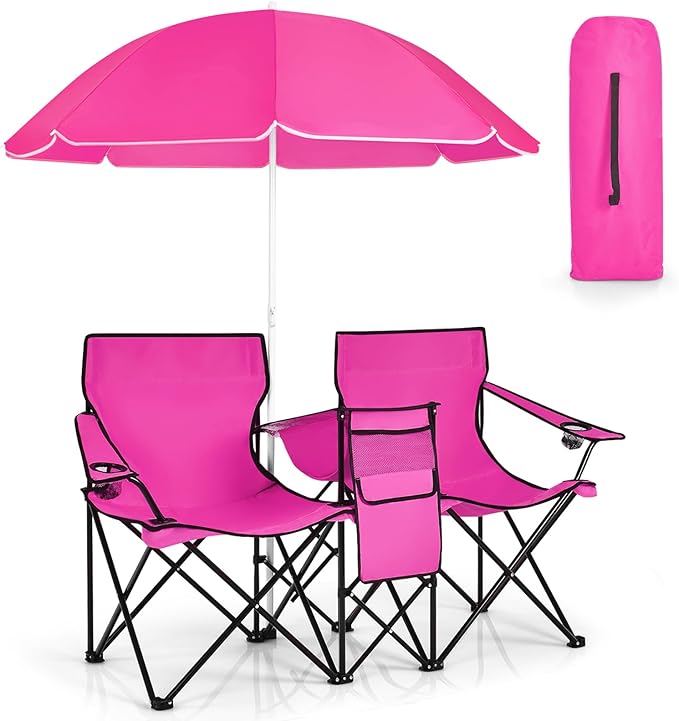 KOTEK Double Camping Chair Folding Camp Chair with Removable Umbrella Cup Holders Cooler Bag Side Pocket &amp Carry Bag 2-Person Beach Chair for Outdoor Sports Concerts Travel Picnic (Pink)