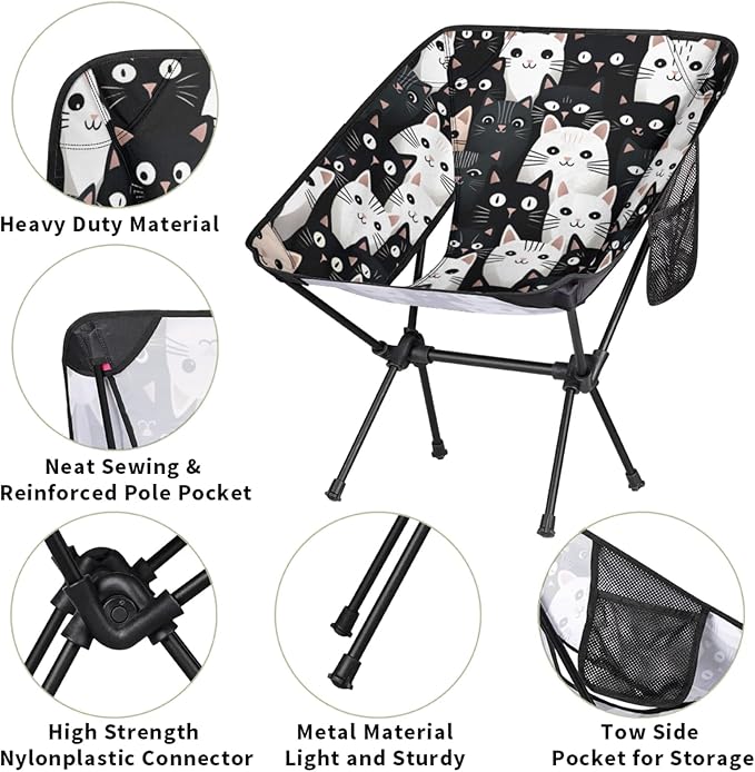 Honeybaby Folding Camping Chair Fancy Cat Pattern Camping Chairs Lightweight Portable Chair Outdoor Foldable Chairs for Camping Travel Picnic Beach Hiking