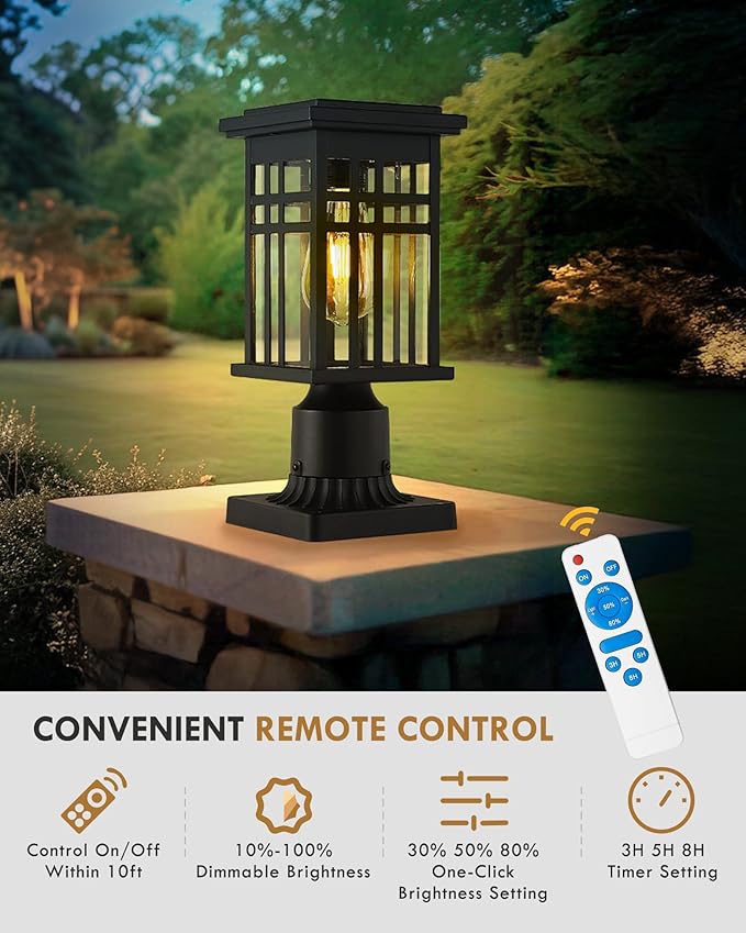 Dusk to Dawn Solar Outdoor Post Light HWH 2 Pack Solar Post Lights for Yard Garden Patio Pole Lamps Post with Remote Clear Glass Shade 5HD36P-2 SL BK