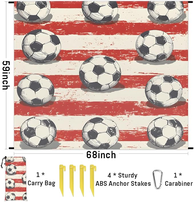 Waterproof Sandproof Beach Blanket 59''×68'' Sports Stripe Polyester Outdoor Picnic Blanket with 4 Stakes &amp Storage Bag for BeachCampingVacation Football
