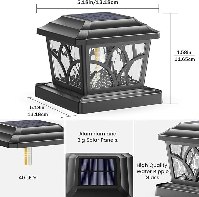 SIEDiNLAR Solar Post Cap Lights Outdoor 4 Modes 40 LEDs Aluminum Glass Fence Post Light for 4x4 5x5 6x6 Vinyl Wooden Posts Patio Deck Decor Warm White &amp Cool White Dynamic Lighting Black (4 Pack)