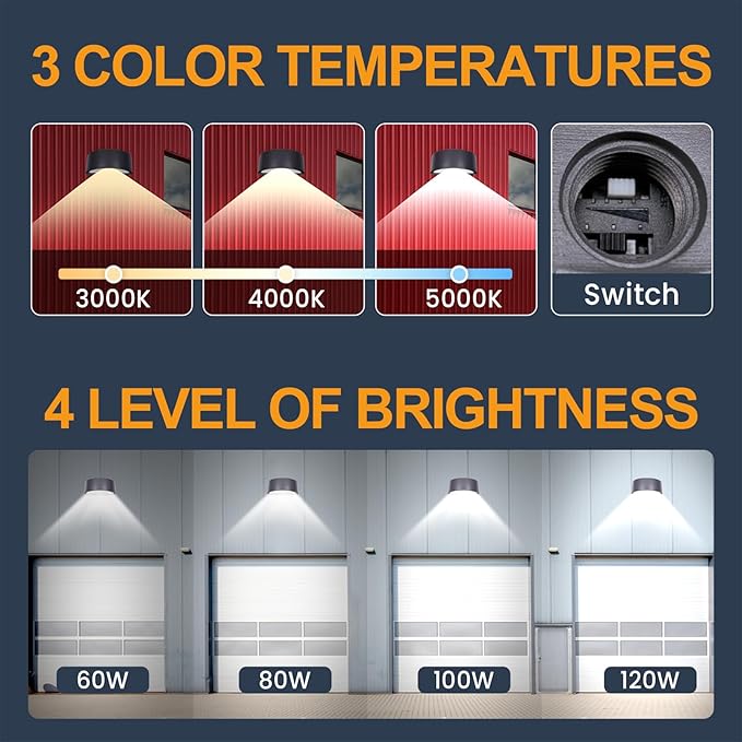 120W Full Cutoff LED Wall Pack Light 2Pack 3000/4000/5000K 3CCT 60/80/100/120W Selectable Commercial Half Moon Wall Pack Lights Outdoor LED Wall Lights for Building Parking100-277VETL Listed