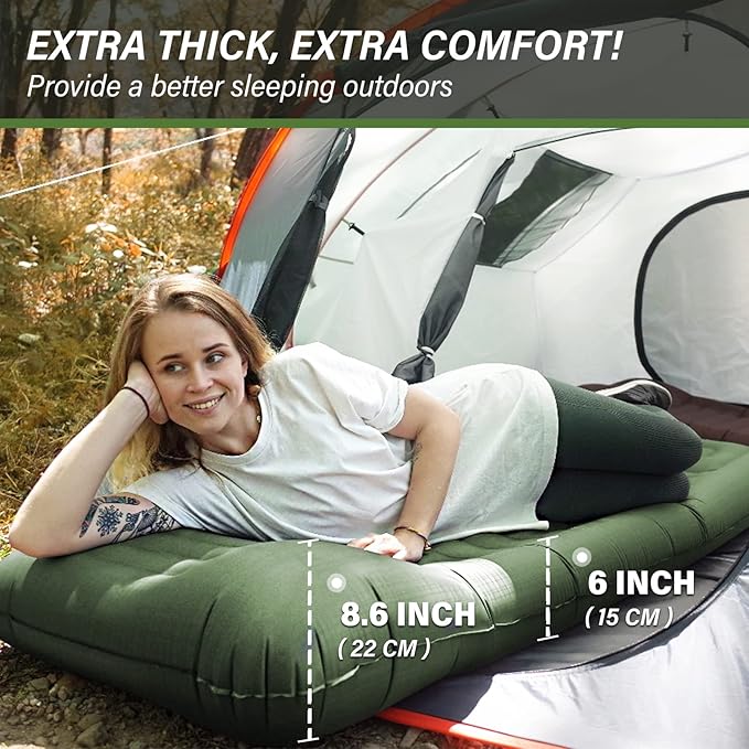 TOBTOS Inflatable Camping Sleeping Pad with Pillow Thick 6 Inch Ultralight Sleeping Pad with Built-in Pump Lightweight Sleeping Mat for Camping Backpacking Hiking Tent (Green)