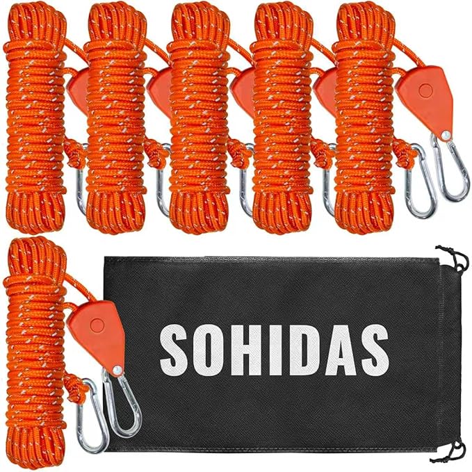 Camping Rope Reflective Tent Rope Guyline with Ratchet Pulley Tarp Tie Down Ropes for Tent Tarp Canopy Shelter Camping 13ft Adjustable Guy Line for Canopy Tent 6 Pack Guy Lines Tents Cords