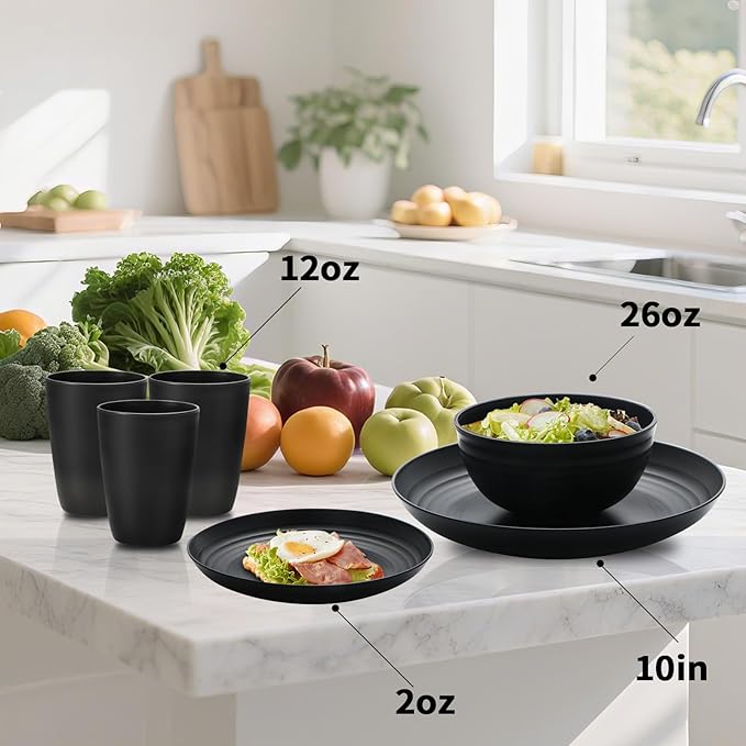 32 pcs Wheat Straw Dinnerware Sets Kitchen Plates and Bowls Sets for 8 Plastic Plates Reusable Dishes Set Outdoor Camping and Dinning Essentials Dishwasher Safe Black