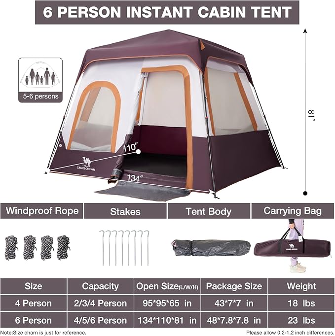 Camping Tents 4/6 Person Pop Up Instant Tent - Setup in 60s for Family Camping Windproof Design Family Cabin Tent with Rainfly &amp Backpack Carry Bag
