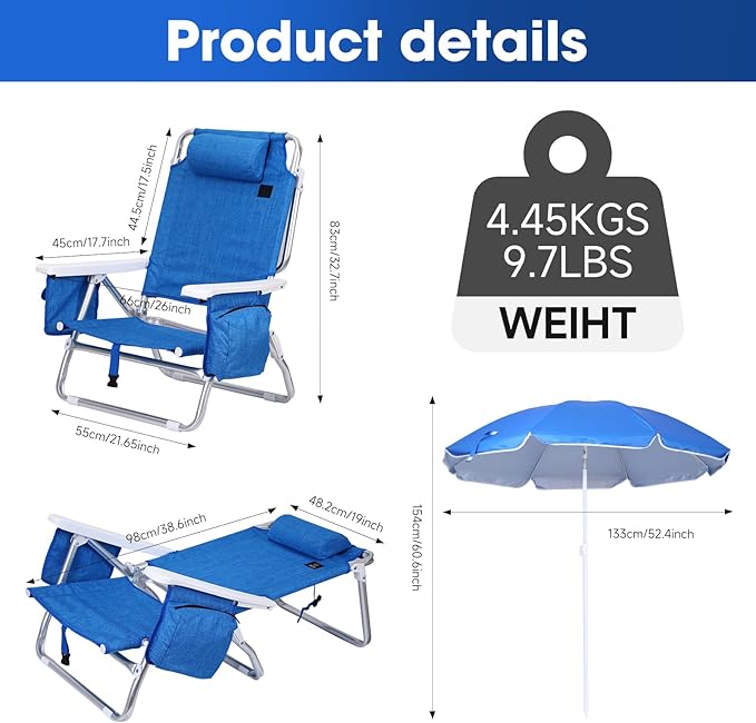 CDEN Backpack Beach Chair Sand Chair Beach Chairs for Adults 7-Position Reclining with Backpack Straps Cooler and Umbrella Cup Holder Outdoor Camping BBQ Travel Picnic (1 Pack)