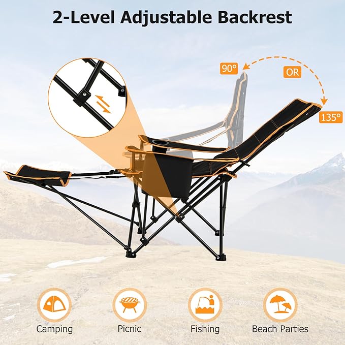 Goplus Reclining Camping Chair with Removable Footrest 2-in-1 Folding Lounge Chair w/Adjustable Backrest Storage Bag &amp Cup HolderPortable Recliner Cozy Lounge Chair for Picnic Fishing (1)