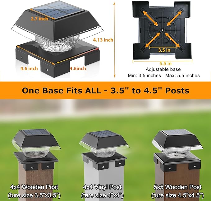 Sumaote Solar Post Cap Lights for 4x4 Wood &amp Vinyl Fence Adjustable Base - 2-Color Modes 3000K/6000K IP65 Waterproof 120 Lumens Dusk to Dawn Outdoor Deck Lighting 4 Pack Black