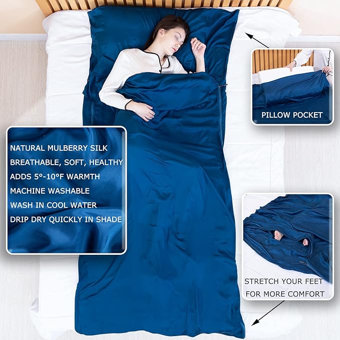 100% Silk Sleep Sack with Zippers on 3 Sides 87”x43” Large Sleeping Liners for Hotels Travel &amp Camping Multifunctional Travel Sheets (Unzipped:87”x87”) for Adults Lightweight All Seasons