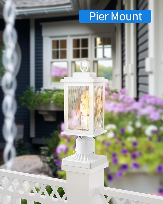 VIANIS White Outdoor Post Light Hardwired 120V Dusk to Dawn Light Posts for Outside with Pier Mount Base 100% Aluminum Lamp Posts Outdoor Lighting for Column Mount Light with Tempered Ripple Glass