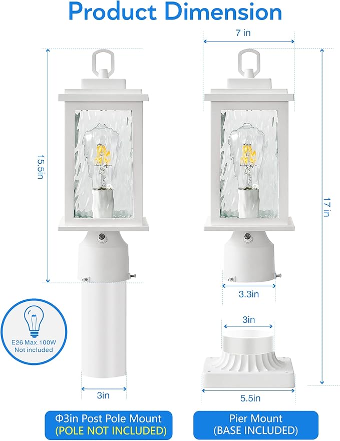 VIANIS White Outdoor Post Light Hardwired 120V Dusk to Dawn Light Posts for Outside with Pier Mount Base 100% Aluminum Lamp Posts Outdoor Lighting for Column Mount Light with Tempered Ripple Glass