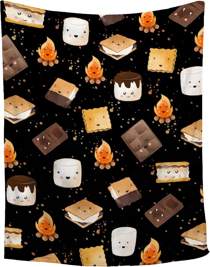 Cute S'Mores Blanket | Ultra Soft Marshmallow Cookie Throw Blanket Gifts for Boys Girls | Roasted Marshmallows Blanket Decor for Couch/Sofa/Travel/Camping All Seasons -50x60-Teens/Travel Size