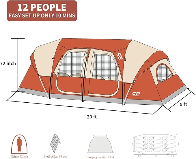 CAMPROS CP Tent 12-Person-Camping-Tents3 Room Family TentsWaterproof Windproof Family Tent with Top Rainfly6 Large Mesh WindowsDouble LayerEasy Set Up Portable with Carry Bag-20' x 9' x 72(H)