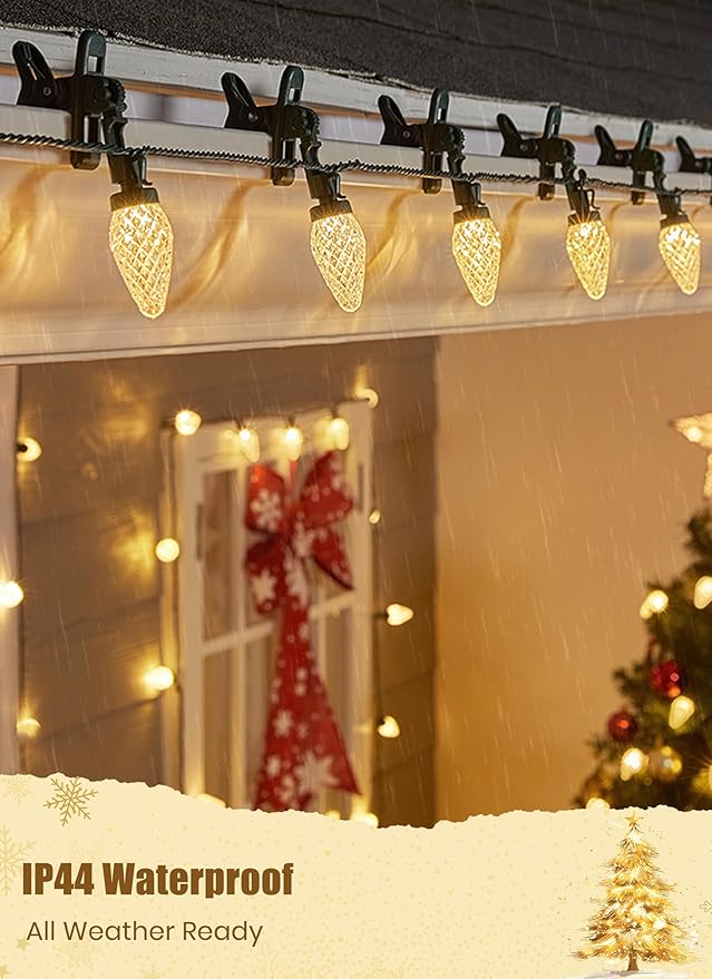 C9 LED Christmas Lights Outdoor 68 Feet 100 LED Strawberry String Lights With 100 Spring Clamps Waterproof Commercial Grade Extendable for Outside Roofline Patio Home Xmas Decoration Warm White