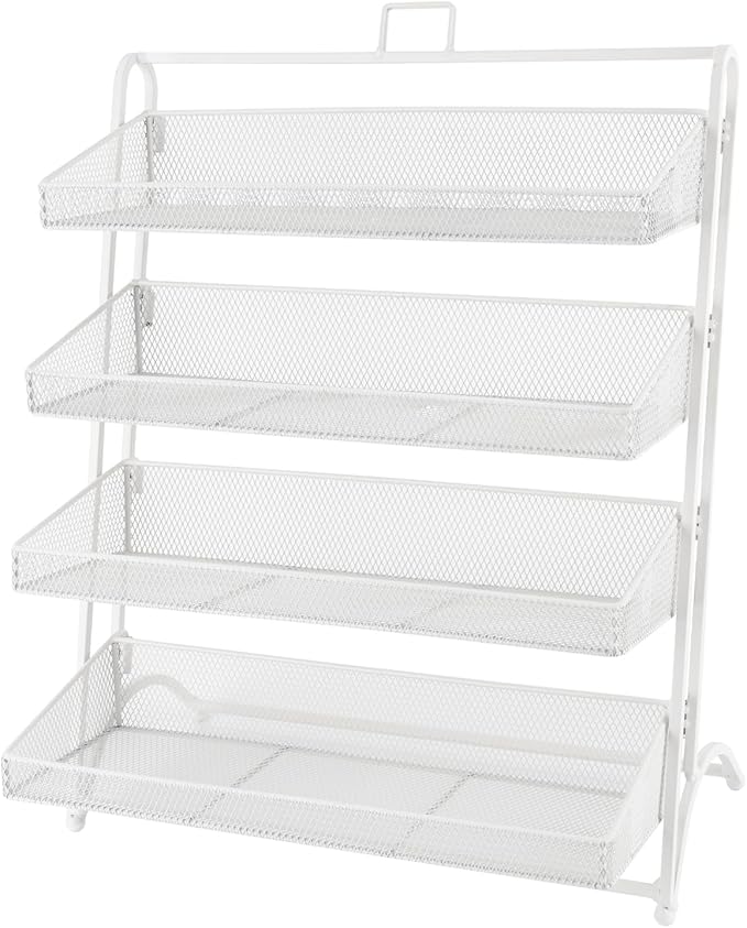 4 Tier Snack Organizer Candy Display Rack for Countertop Snack Display for Counter Portable Chip Rack Metal Snack Shelf for Retail Stores Kitchen Office (White)