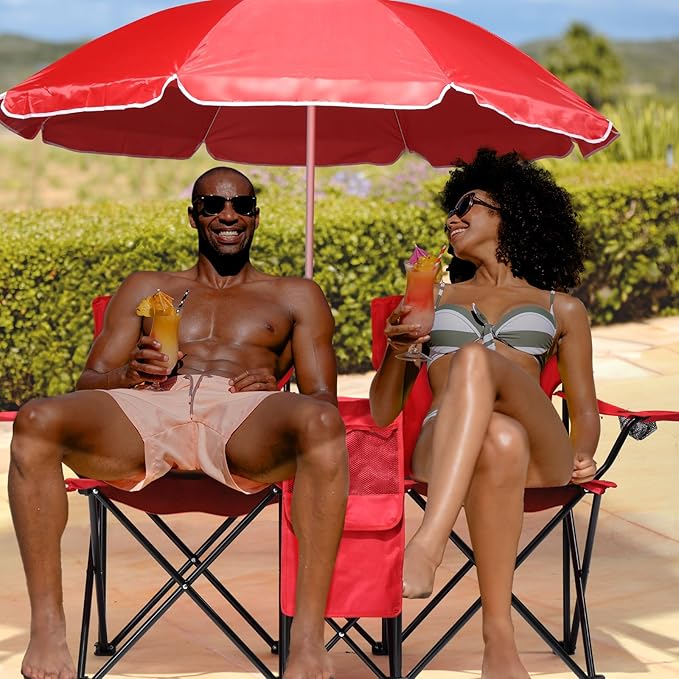Double Camping Chair with Removable UmbrellaFolding Two-Person Seat Beach Chairs with Cup Holder Cooler BagFolding Camping Loveseat Chairs for Sports Lawn Patio Outside (Red)