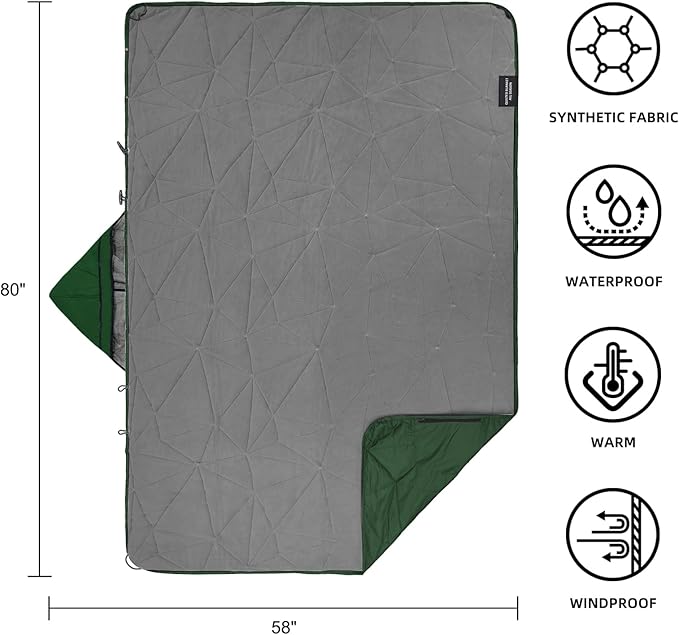 Large Outdoor Waterproof Blanket Extra Thick Fleece Stadium Blanket for Camping Car Pet Picnics - Windproof Wearable Machine Washable 80 x 58 (GreenHooded)