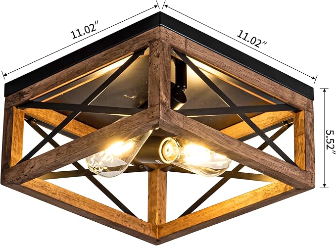 Flush Mount Ceiling Light Fixture for Kitchen Hallway 2-Light Close to Ceiling Light with Black Metal and Wood Design Rustic Farmhouse Ceiling (Bulb not Included)