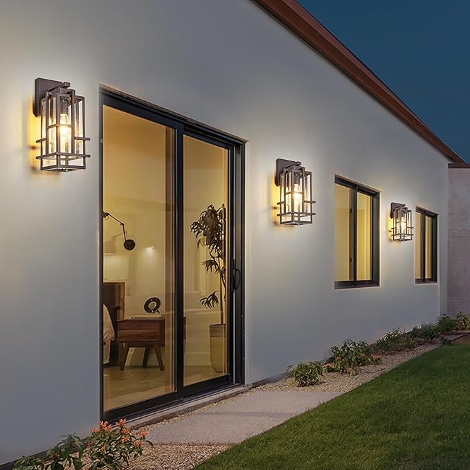 Outdoor Wall Light Fixture with Seeded Tempered Glass Waterproof Outside Wall Coach Lantern with E26 Sockets Brown Large Porch Sconces Lamp for House Patio Garage