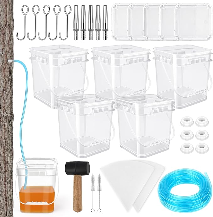 Maple Syrup Tapping Kit with 5 Stainless Steel Maple Tap Spiles HooksClear Buckets lids6 plugs19FT Food Grade Tubing Filters etc for Experts or Beginners Maple Syrup Collection Supplies