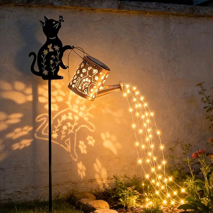 Garden Lanterns Solar Watering CanGarden Decor for OutsideCat Featuring a Metal Cat Silhouette Stake Ideal for Outdoor Landscaping Lawns and Pathways a Perfect Garden Gift for Women
