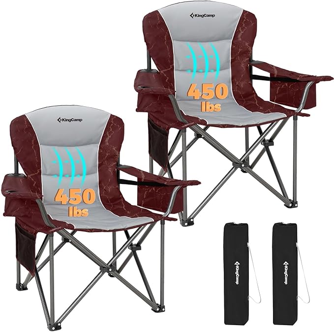 KingCamp Oversized Camping Folding Chair Heavy Duty 450 LBS with Lumbar Support Padded seat with Cup Holder&ampCooler Bag Ideal for Camp Fishing Sports Event Backyard Patio Lawn