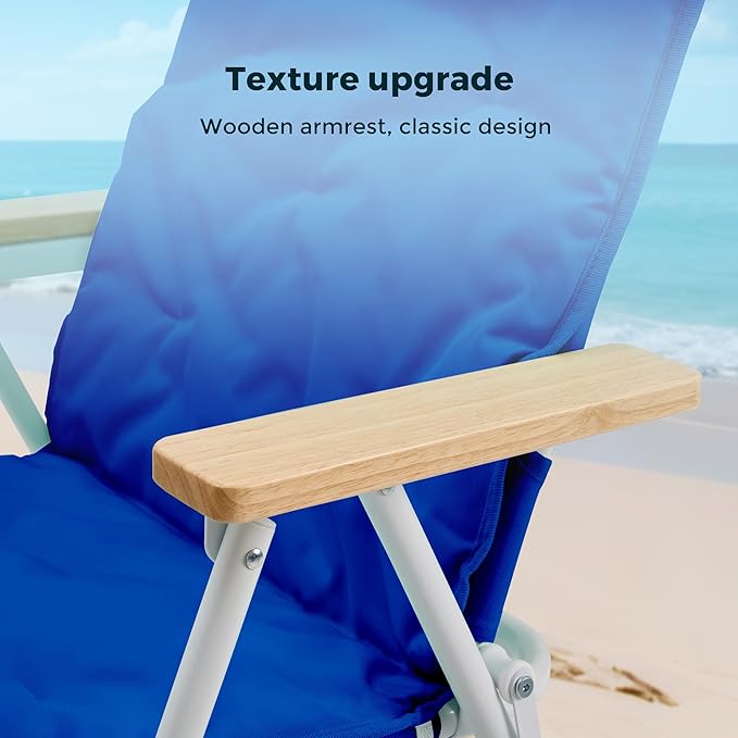 SUNNYFEEL Foldable Beach Chair Beach Chair Backup with Wood Armrest &amp Cushion Lightweight Camping Chair Heavy Duty for Beach Camping Lawn Outdoor Blue