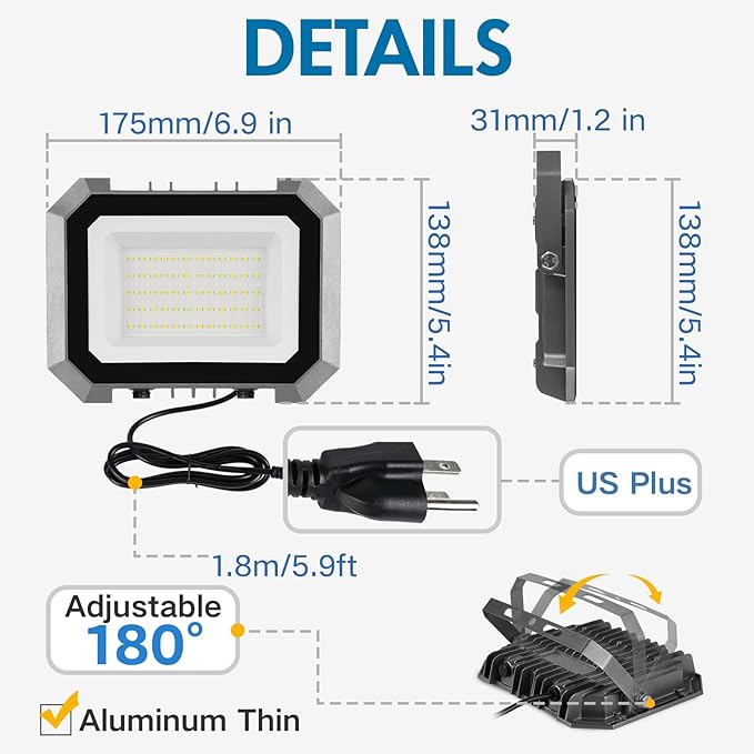 2 Pack LED Flood Lights Outdoor 50W 5000LM Super Bright Floodlight Outside Work Light with 5.9FT Plug IP65 Waterproof 6000K Outdoor LED Flood Light for Garage Yard Lawn Garden