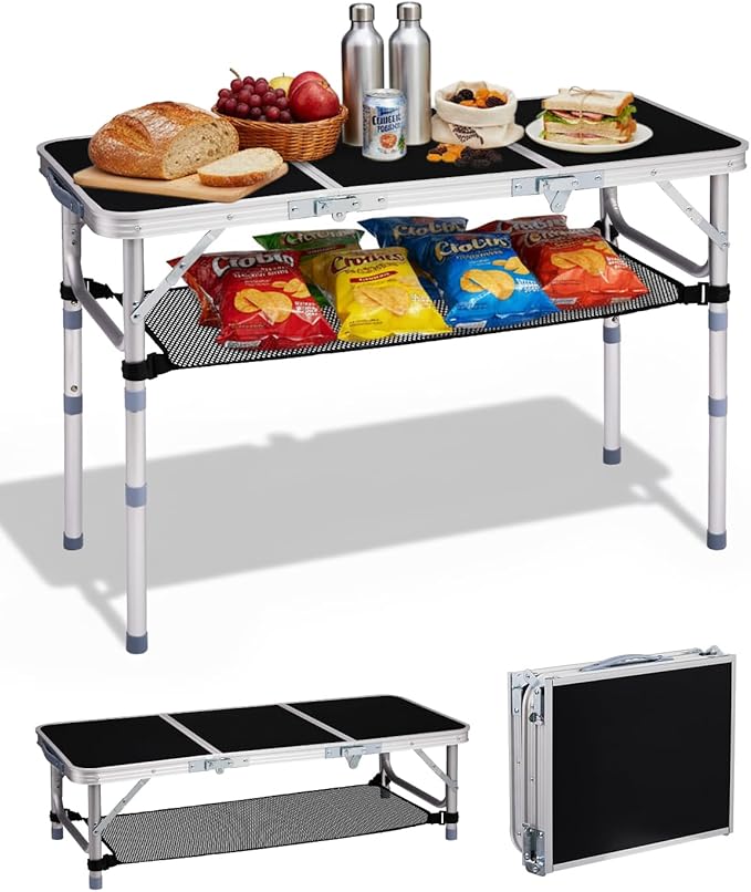 Outvita Folding Table 3FT Aluminum Camping Table with Storage Adjustable Height Picnic Table Lightweight for Carring Outdoor Party Events Beach