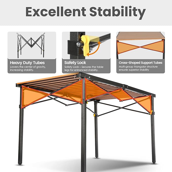 46.4 Large Folding Camping Table for 2-6 People - Heavy Duty Camp Table Foldable with Aluminum Roll-Up Top &amp Carry Bag - 220lbs Capacity Portable for BBQ Tailgating Backyard (Natural)