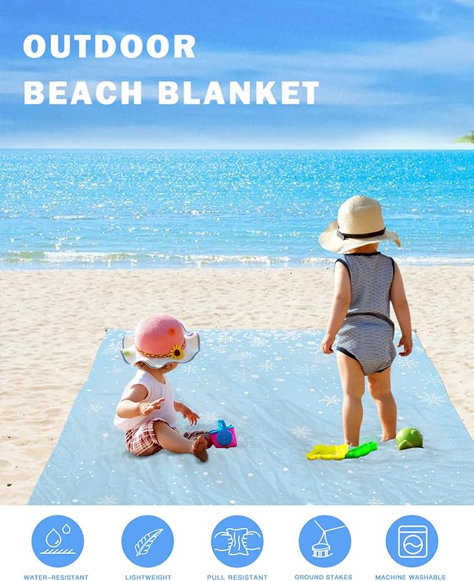 Beach Blanket Waterproof Sandproof Christmas Winter Snowflakes Quick Drying Beach Mat with 4 Stakes White Snowflake Seamless Blue Lightweight Picnic Blanket for Travel Camping Outdoor 83x79