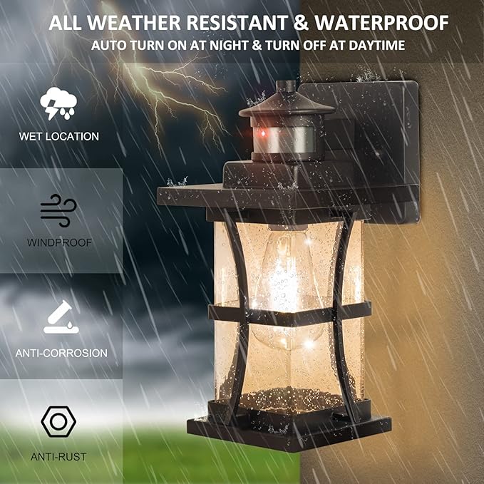 2 Packs Motion Sensor Outdoor Wall Lights - Upgrade Dusk to Dawn Porch Lighting LED Exterior Lantern Fixture Wall Sconce Waterproof Outside Light For House Black Anti-Rust Lamp For Garage Doorway