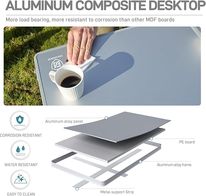 EVER ADVANCED Large Camping Table for 4-6 Person Portable Folding Aluminum Table with Carrying Handle Suitable for BBQ Picnic Camping and Indoor Use Support up to 130LBS Silver