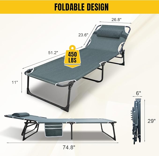 YELLOW JACKET Folding Camping Cot for Adults Adjustable 5-Position Portable Sleeping Cot Bed with Pillow and Removable Mattress Reclining Foldable Camp Cots for OutdoorHomeBeachPatioGrey