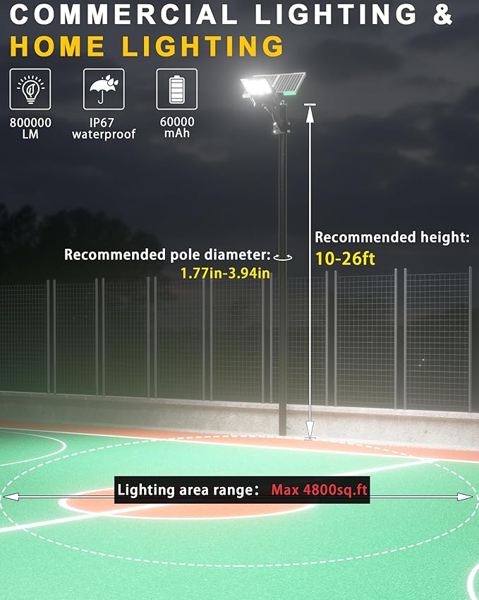 Gefolly Solar Street Lights Outdoor Commercial Parking Lot Light Dusk to Dawn IP67 Waterproof 6500K Security Flood Lights Lamp for Yard Road Basketball Courts (SL-11000W 800000LM)