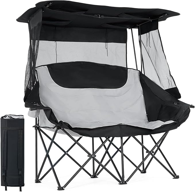 LILYPELLE Double Beach Chair with Canopy Shade Oversized Folding Camping Chair with Canopy Loveseat Camp Chair with Cup Holder Side Pocket for Camp Beach Lawn Fishing