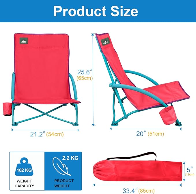 Northroad 2 Pack Low Folding Beach ChairPortable Lightweight Lowback Sling Chair Outdoor Low Seat Camping Chair w/Cup Holder &amp Carry Bag for Sand Camping Lawn Picnic FestivalPink