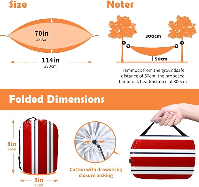 Outdoor Camping Hammock Stripes Red White Double Single Hammocks with 2 Tree Straps Lightweight Portable Heavy Duty Nylon Hammocks for Backpacking Travel Beach Backyard Patio Hiking