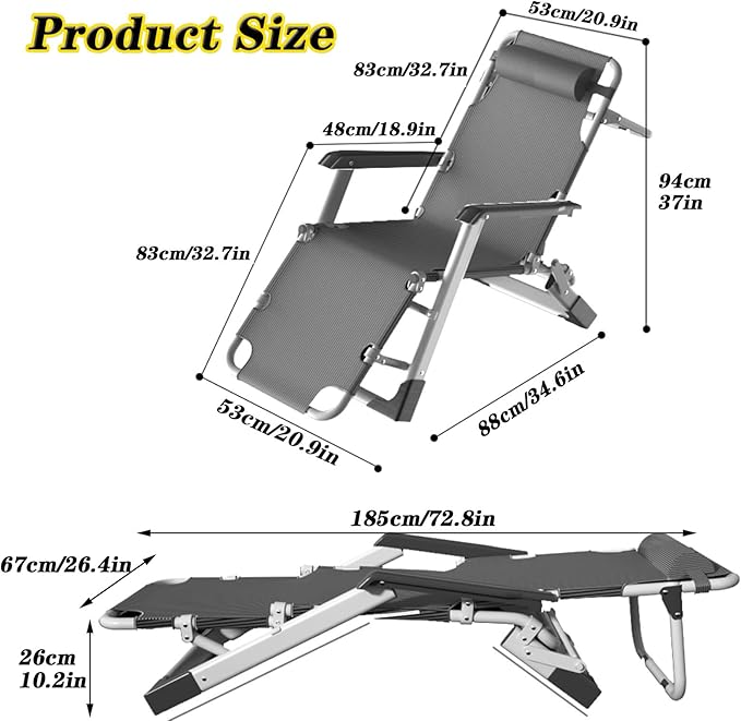 Padded Lawn Chair Lounge Chair Adjustable Recliner W/Pillow Outdoor Camp Chair for Poolside Backyard Beach Support 440lbs (Without Cotton Cushion