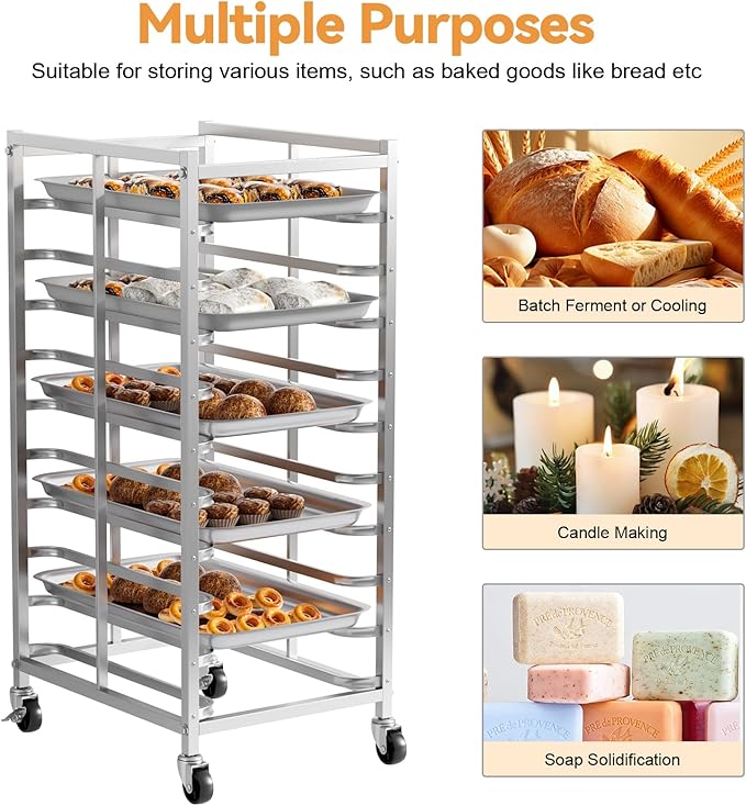 10 Tier Bakers Rack with Wheels Pan Rack Stainless Steel Baking Sheet Pan Cart for Half &amp Full Size Commercial Speed Rack with Brake Casters for Kitchen Bakery Restaurant (10)