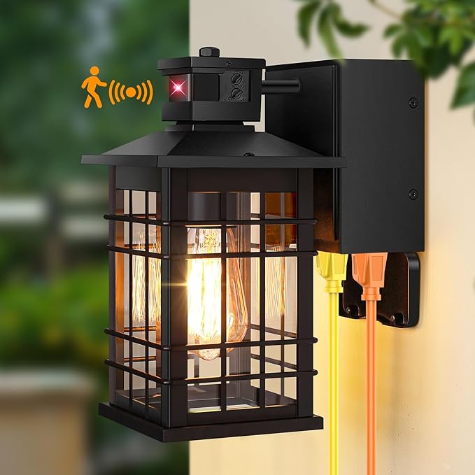 Motion Sensor Porch Light with GFCI Outlets 11.4'' Dusk to Dawn Outdoor Wall Light Black 3 Modes Front Door Exterior Light Fixture Waterproof Outside Light Wall Mount for House Garage